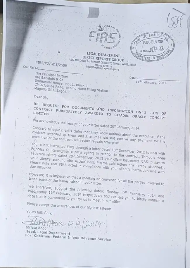 Falana/Citadel vs Zinox: FIRS Document Floors Benjamin Joseph Denials