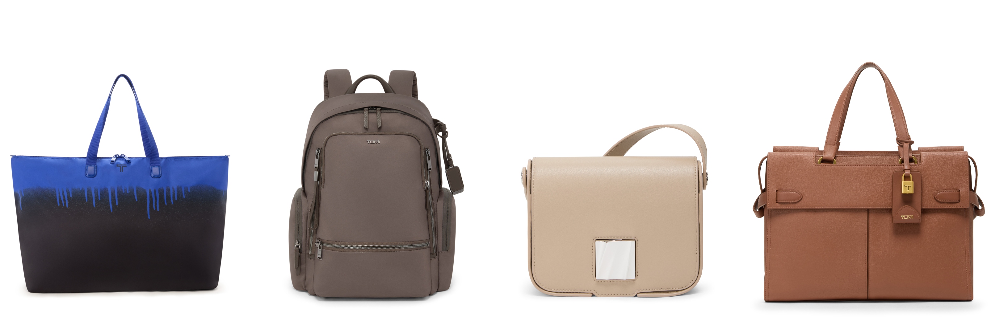 (L to R): Voyageur Just In Case® Tote in Electric Blue Spray Paint, Celina Backpack in Mink, Olas Small Shoulder Bag in Oat and Agent Medium Tote in Sienna