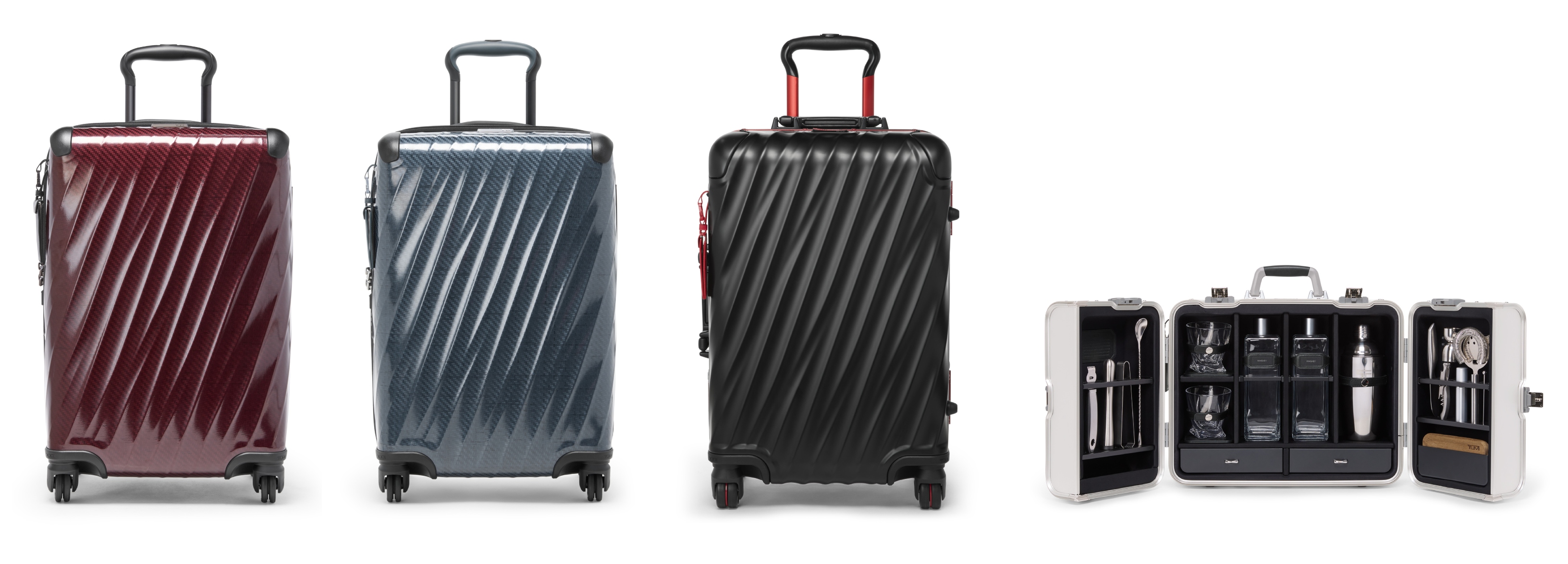 (L to R): 19 Degree Lite International 4-Wheeled Carry-On in Wine and Pavement, 19 Degree Aluminum International Carry-On in Black/Red and 19 Degree Aluminum Bar Set