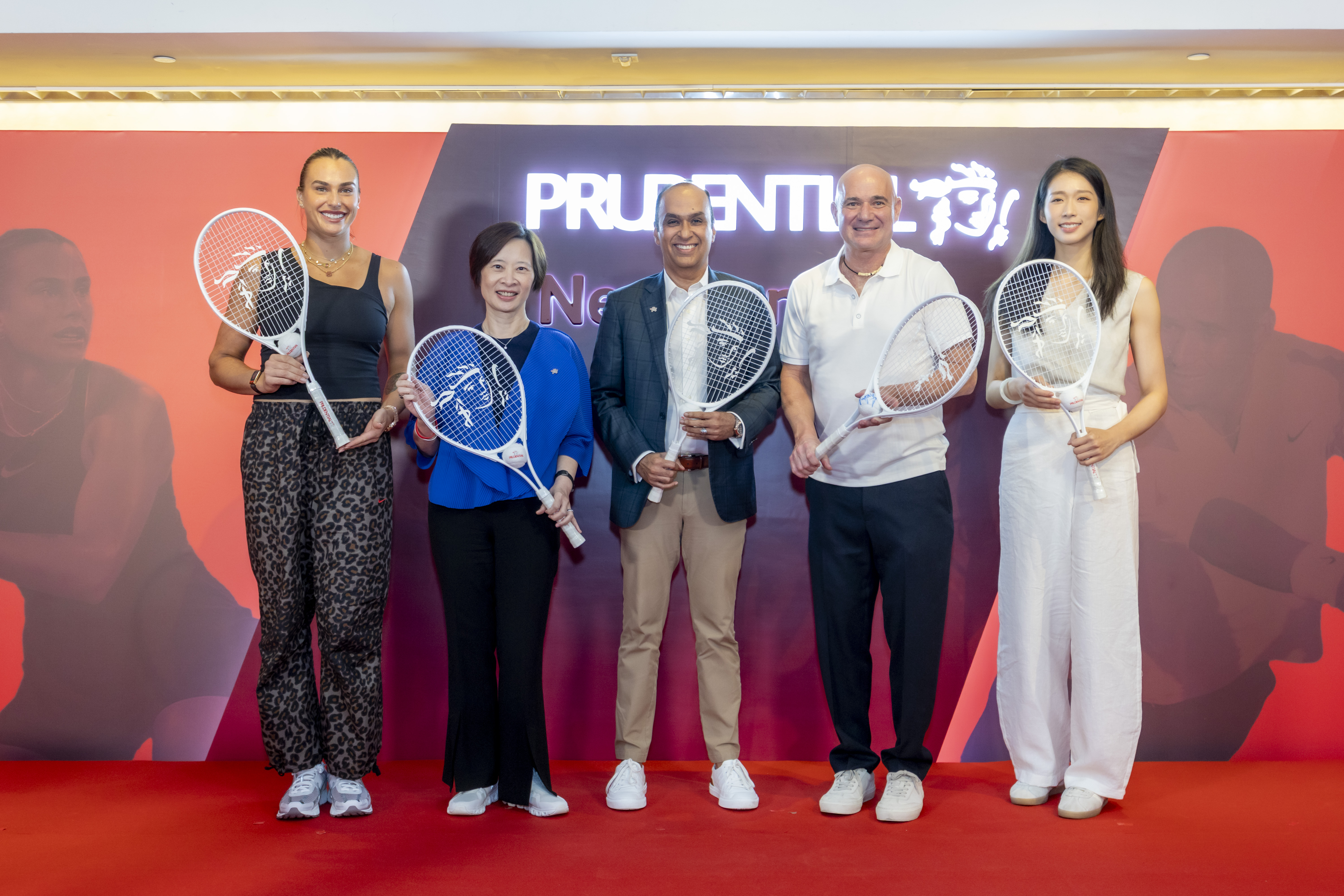 In order from left to right: Aryna Sabalenka (WTA World No. 1 Tennis Player in Women’s Singles), Angel Ng (Prudential Regional CEO, Greater China), Anil Wadhwani (Prudential Group Chief Executive), Andre Agassi (Tennis legend and Founder of the Andre Agassi Foundation for Education) and Vivian Kong (Hong Kong Olympic Gold Medalist in Fencing)