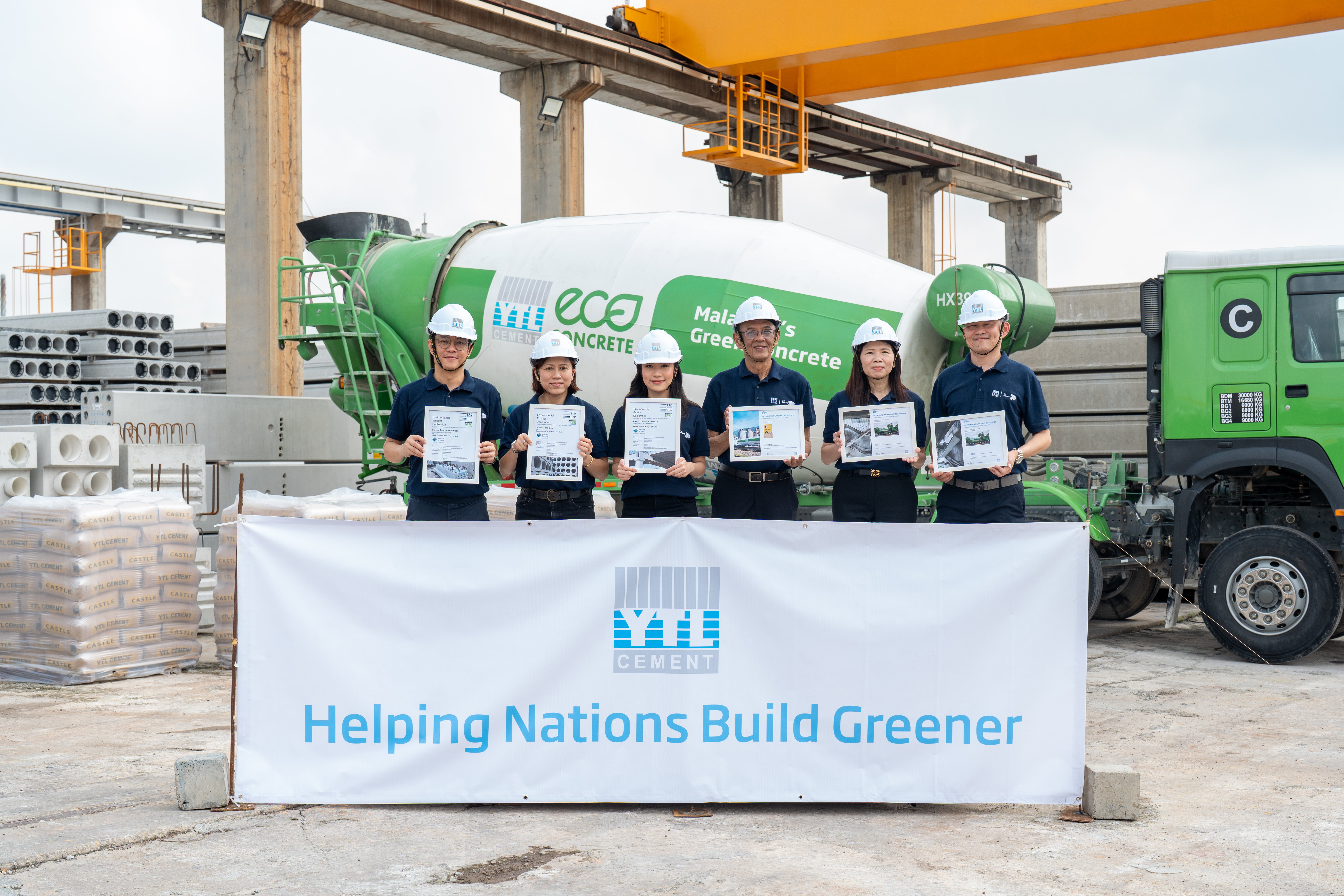YTL Cement Group leaders celebrate becoming Malaysia's first cement and precast producer to obtain Environmental Product Declarations (EPDs) across its ECOCem®, ECOConcrete™ and precast product ranges. (From left to right) Lee Mun Sam, CEO, Eastern Pretech Solutions Sdn Bhd; Ong Ping Ping, Director of Communications, YTL Cement Group; Rachel Yeoh, Executive Director, YTL Cement Group; Chong Fatt San, Director of Operations (Cement), YTL Cement Group; Clarisse Loh, Director of Sustainability, YTL Cement Group; Lim Tze Liang, General Manager - Technical (Concrete) and Construction Development Lab, YTL Cement Group.