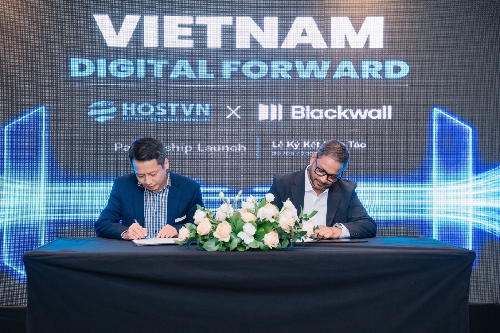 Mr. Madan Rai (Blackwall) and Mr. Vuong Duy Nam(HostVN) sign the MOU formalising Blackwall's first publicly announced Southeast Asia partnership, bringing enterprise-grade web traffic protection to Vietnam's digital business community.