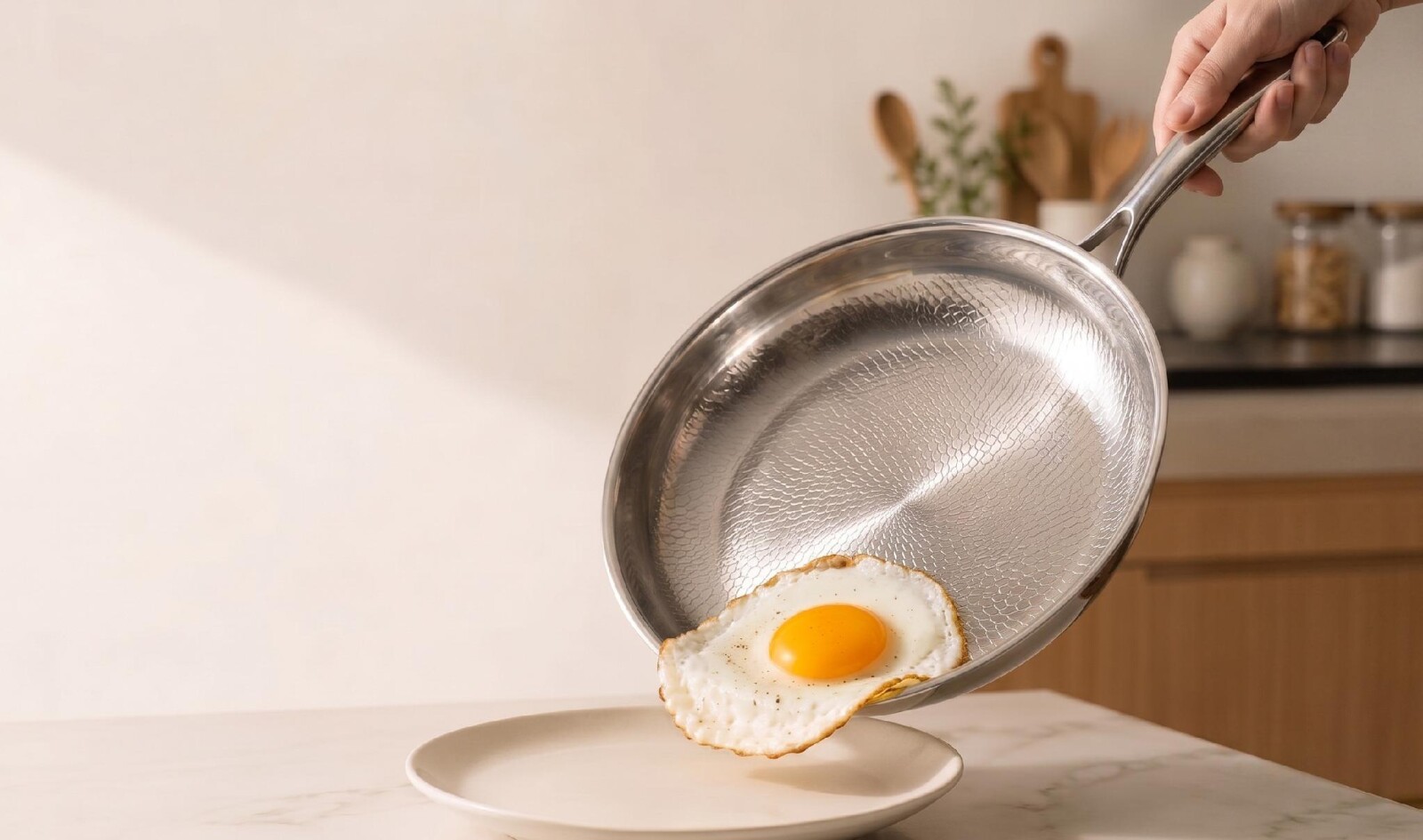 Vera Pan's engraved titanium AeroGrid surface releases a fried egg cleanly — no coating, no oil needed