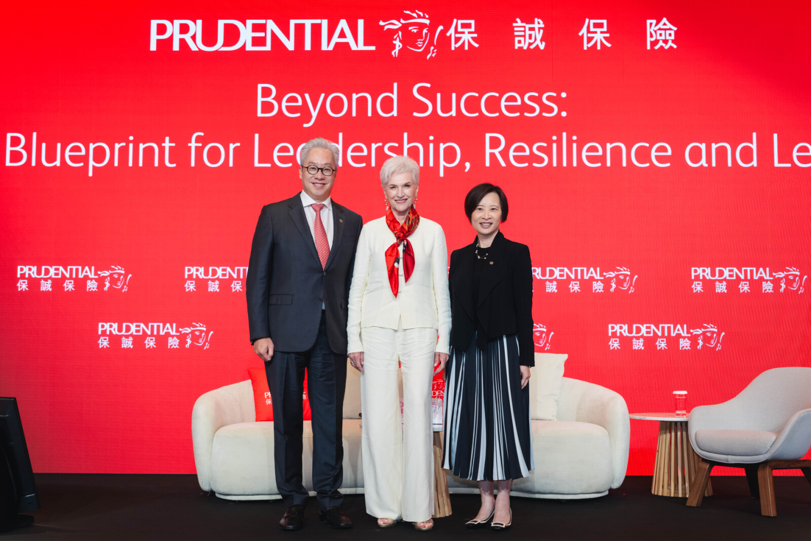 (From left) Lawrence Lam, Chief Executive Officer, Prudential Hong Kong Limited; Dr Maye Musk; and Angel Ng, Regional CEO, Greater China; Group Customer and Wealth, Prudential plc, at the Prudential Leadership Forum, where they shared perspectives on leadership, resilience and legacy planning across generations.